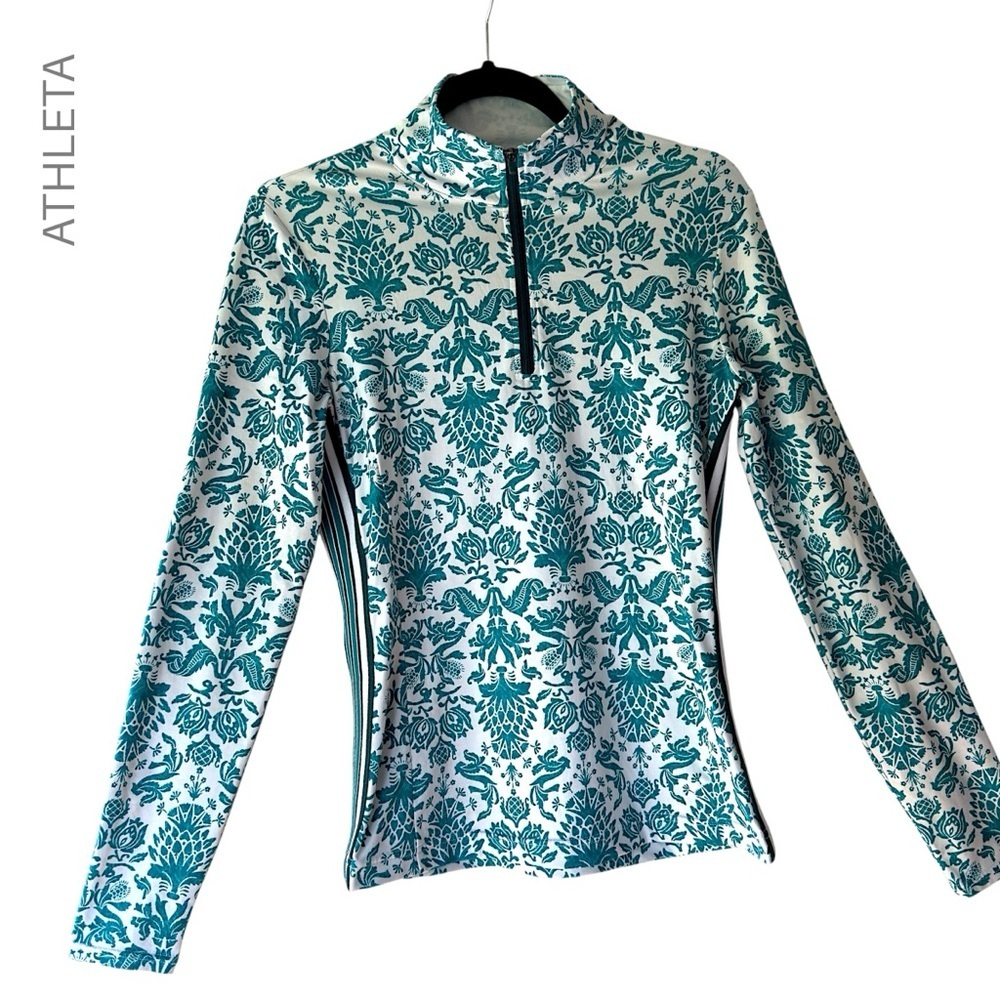 ATHLETA PINEAPPLE PRINT 1/4 ZIP PULLOVER ATHLETIC TOP TEAL GREEN & WHITE | SMALL